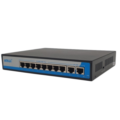 Switch PoE 8 Port HRUI HR901-AF-82N tốc độ 10/100M, 2 Uplink, công suất tổng 150W, Led hiển thị
